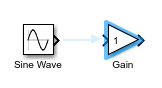 A Sine Wave block is to the left of a Gain block. They are not connected. The Sine Wave block output port is horizontally aligned with the Gain block input port. A faint blue horizontal arrow points from the output port to the input port.