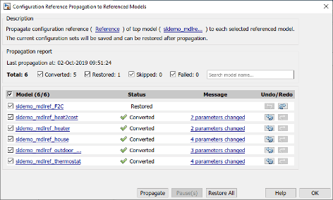 Configuration reference propagation dialog box. Five models show the status converted and one model shows the status restored.