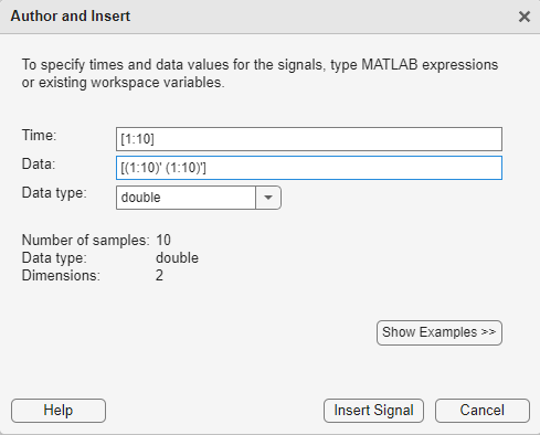 Author and Insert dialog box with time = [1:10] and data = [(1:10)' (1:10)'