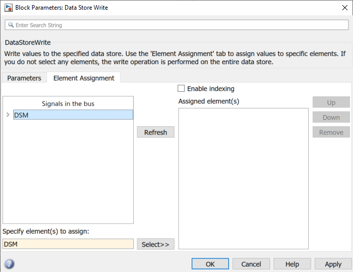 The Element Assignment tab of Data Store Write block parameters dialog. The "Signals in the bus" pane shows an unexpanded bus DSM.