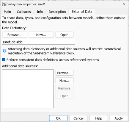 View of Subsystem Properties of ssref1. Data dictionary ssref1dd.sldd is added using the External Data tab.