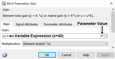 The value of the variable called x is 40. In the Block Parameters dialog box of a Gain block, the text box for entering the Gain value contains the expression "x+7" at the inner left edge, and the number 47 at the right edge.