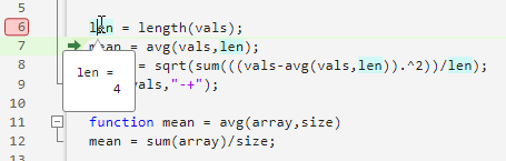 The cursor points to the variable len, and the value of the variable populates during simulation.