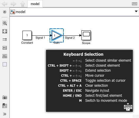 The left image shows a model in keyboard selection mode with the hints panel expanded in the lower right corner of the model window. The ? button is in the lower right corner of the expanded hints panel. The right image shows the same model in the same mode with the hints panel minimized. Only the ? button is visible in the lower right corner.