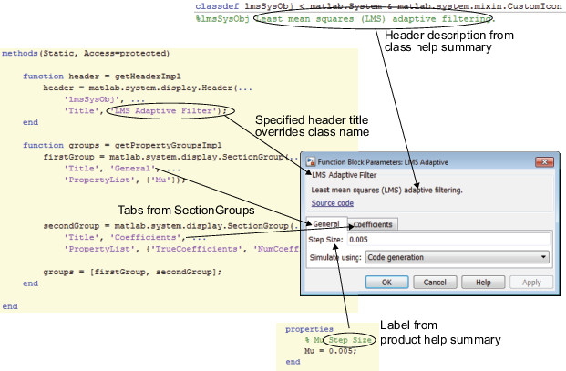 Source code and dialog box mapping with custom header title, description and tabs group