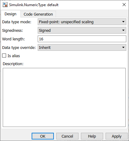 View of the Simulink.NumericType property dialog box with the Design tab displayed. A fixed-point data type mode is selected and fixed-point specific options are enabled.