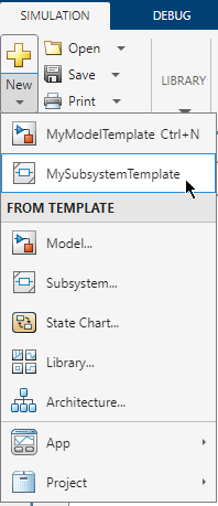 The model and subsystem default templates at the top of the options under the New button in the Simulink editor