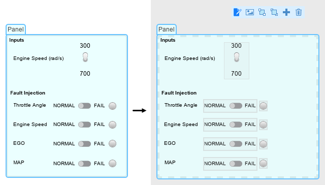 Inputs and Fault Injection panel on the left is shown resized on the right. The resized panel is wider, but the blocks icons are the same size as in the panel shown on the left, and the font size is the same as well.