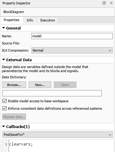 Model Properties dialog box with the PostSaveFcn callback type selected and the clearvars command in the right pane