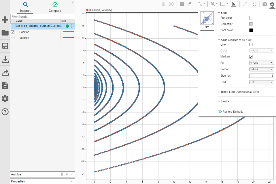 The Simulation Data Inspector with the visualization settings menu expanded.