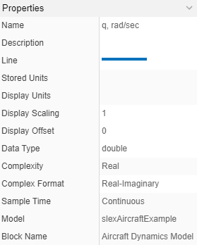 The Properties pane for the signal, q, rad/sec