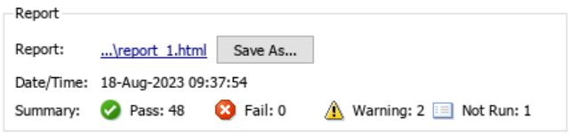 Report section in the Upgrade Advisor showing the date and time of the last run and a summary of the checks Pass, Fail, Warning and Not Run