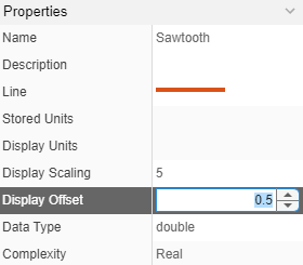 The properties pane shows the changes made to Display Scaling and Display Offset for the signal Sawtooth.