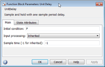 Block Parameters dialog box for Unit Delay block that specifies a Simulink.Parameter object for the initial condition