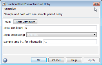 Block Parameters dialog box for Unit Delay block that specifies a MATLAB variable for the initial condition
