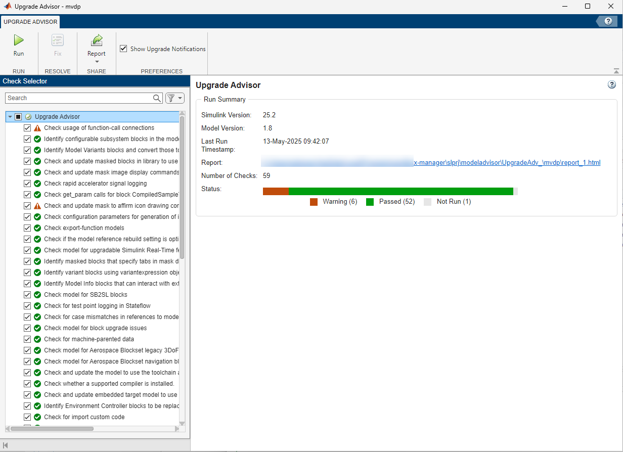 The Run Summary section in the Upgrade Advisor shows the date and time of last run, the number of checks, and the number of checks with the status of Warning, Passed, and Not Run.