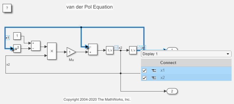 vdp model in connection mode connecting the scope to the x1 and x2 signals