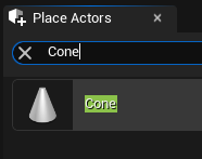 Unreal Editor place actors tab with cone