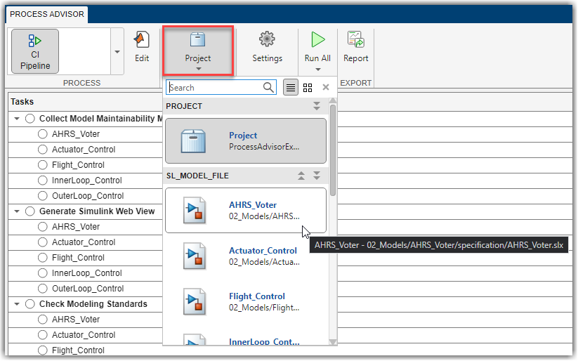 Mouse pointing to a model file in the filter menu