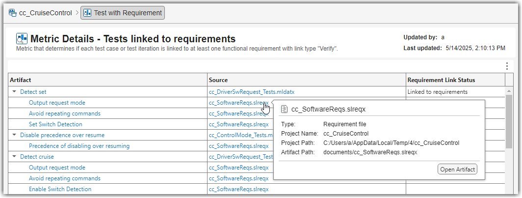 Metric Details table with mouse pointing to a requirement file hyperlink in the Source column