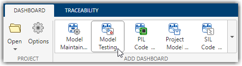Model Testing button in the Add Dashboard section of the Dashboard toolstrip