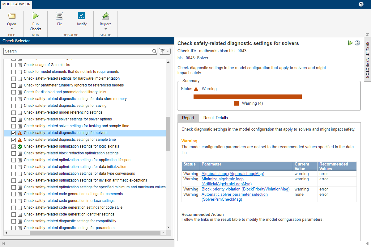 A warning in Model Advisor for the check for safety-related diagnostic settings for solvers. The model configuration parameters are not set to the recommended values.