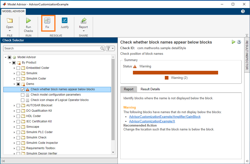 Custom Model Advisor check with a fix