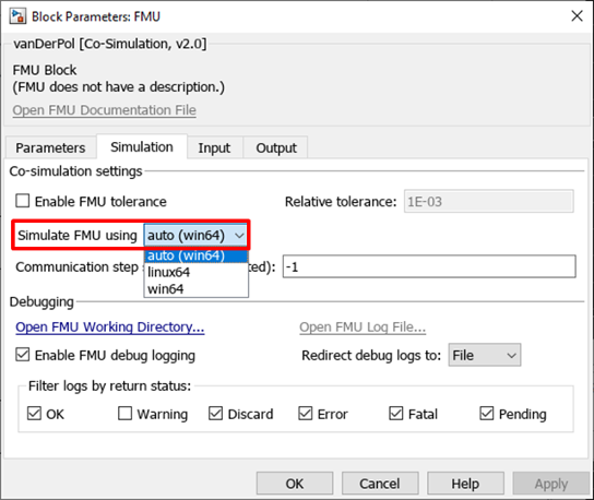 FMU import block dialog with Linux64 selected as simulation target