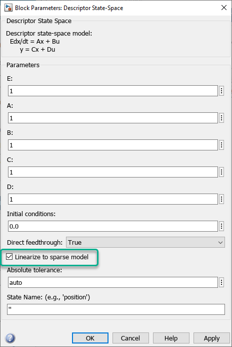 Descriptor State Space block properties with Linearize to sparse model property selected.