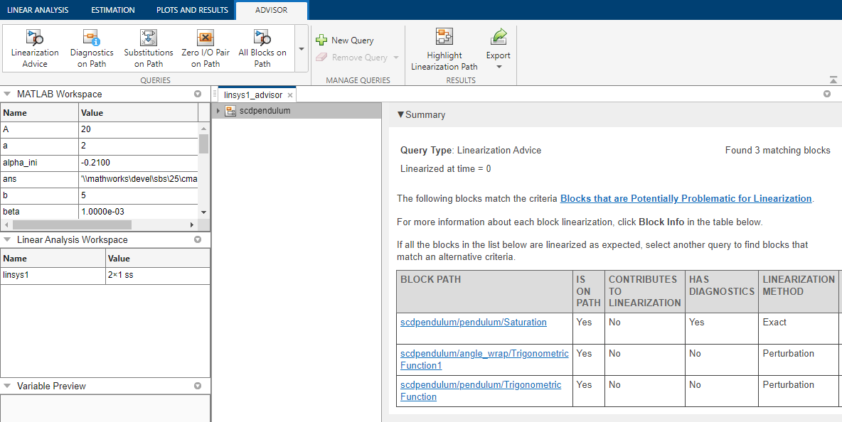 Advisor tab showing linearization showing default diagnostic information in an advisor document.