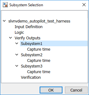 Subsystem Selection dialog box shows the top model and the subsystem hierarchy beneath it.