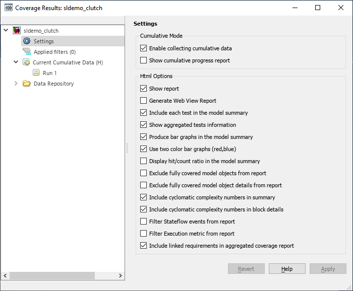 Default Results Explorer Settings. On the right is a list of Settings available for edit.