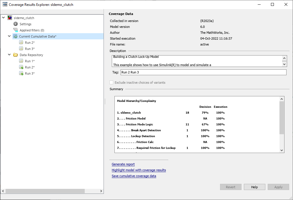 Default view of the Results Explorer with "Current Cumulative Data" selected. The overview of the current run is on the right, including the model version, author, execution start time and date, coverage data file name, short description, and coverage summary.