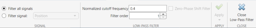 Low-pass filter tab showing the entered values