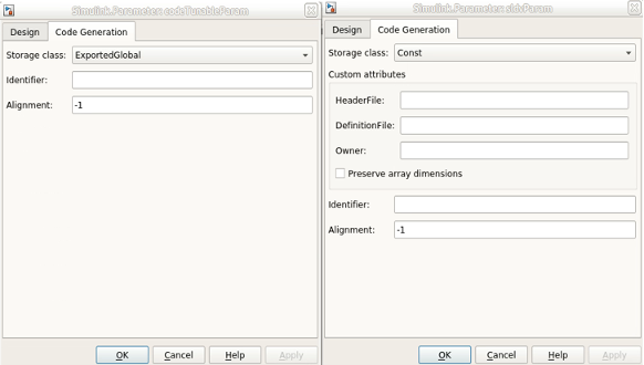 Code Generation settings window.