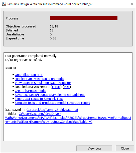 Results after generating tests from a specification model in the Simulink Design Verifier Results Summary window. 18 of the 18 objectives are satisfied. In the second pane, the window displays several options for handling results in a list.