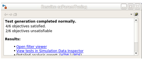 Results window for Simulink Design Verifier analysis.