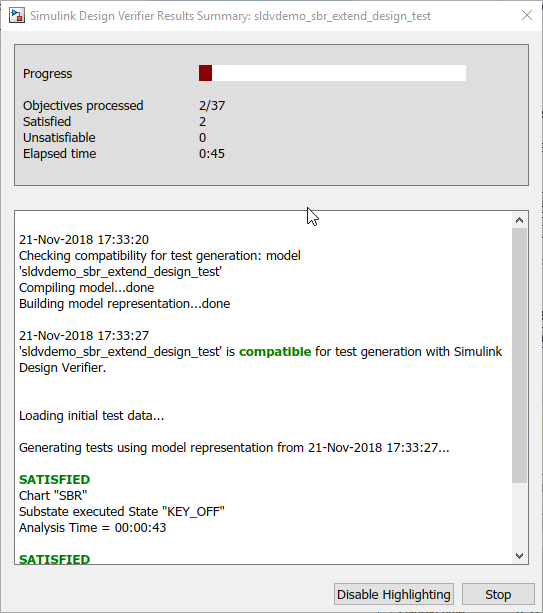 Results analysis window for test case generation.