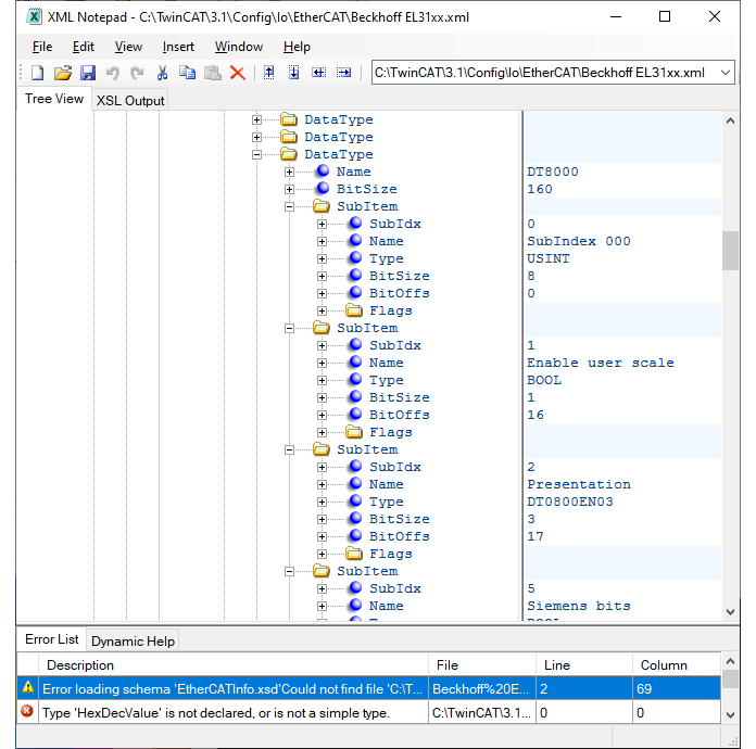 Use XML Notepad to access data for the EL3102.