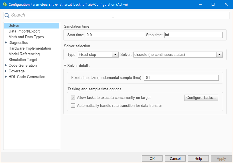 Select Fixed-step in the Solver pane of the Configuration Parameters dialog box.