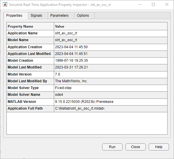 The Simulink Real-Time Application Property Inspector displays application property values.