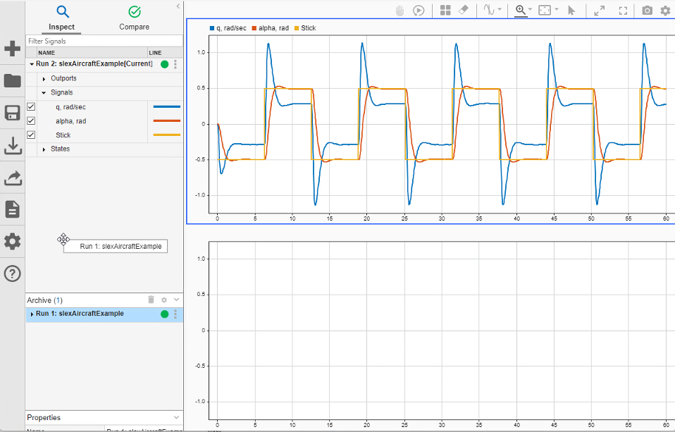 The Inspect pane of the Simulation Data Inspector shows a time plot of the alpha, rad signal for two runs.