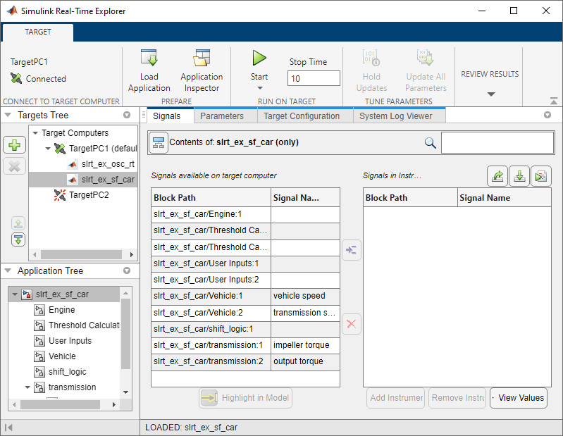You can view the slrt_ex_sf_car model hierarchy in the Simulink Real-Time Explorer.
