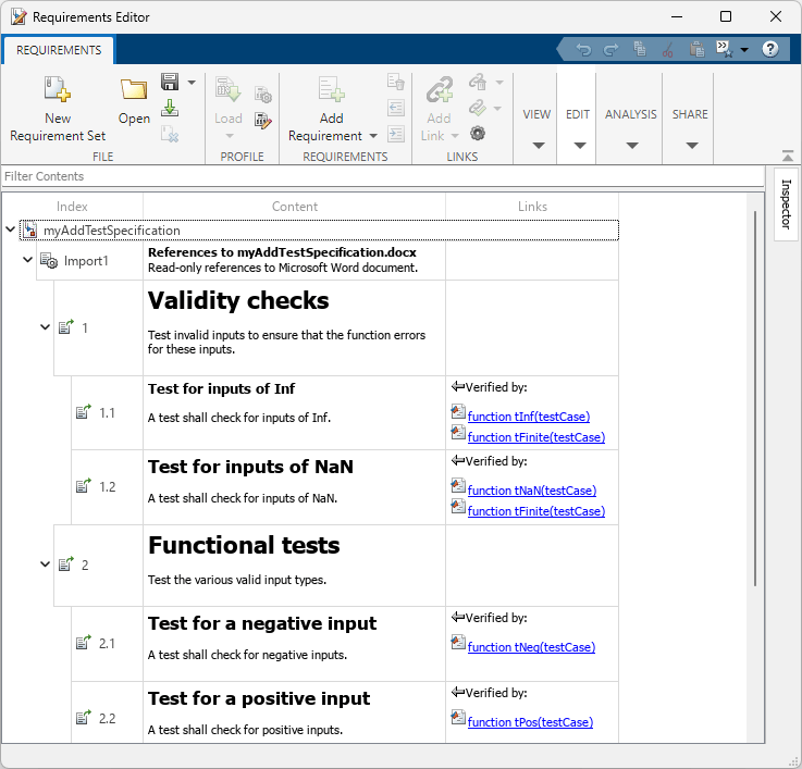 The document view in the Requirements Editor shows the requirements content in a single column and the links in a column.