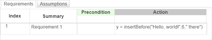 This example shows a requirement that inserts the substring " there" before the 6th character of the string "Hello, world!".