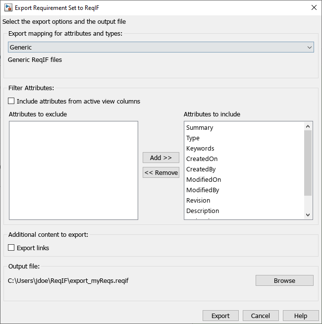 The Export Requirement dialog with export mapping for attributes and types set to Generic.