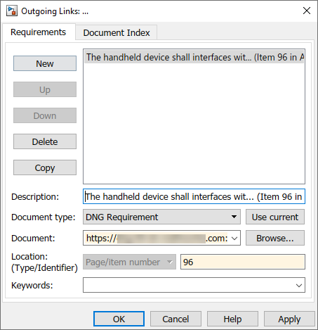 The Outgoing Links dialog shows a single requirement from IBM DOORS Next to create a link to.