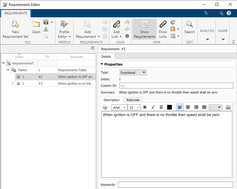 The example shows the Requirements Editor after loading the model used in the Assumptions Usage Example. It shows the properties of the first requirement in the block.