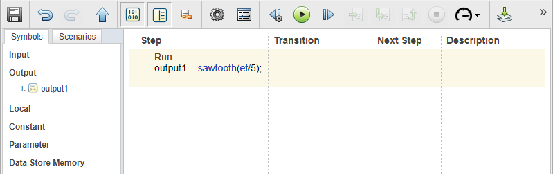 A test step that outputs a sawtooth wave signal with a period of 5 seconds while active.