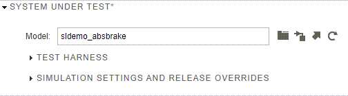 The System Under Test section of the Test Manager. The model is sldemo_absbrake.